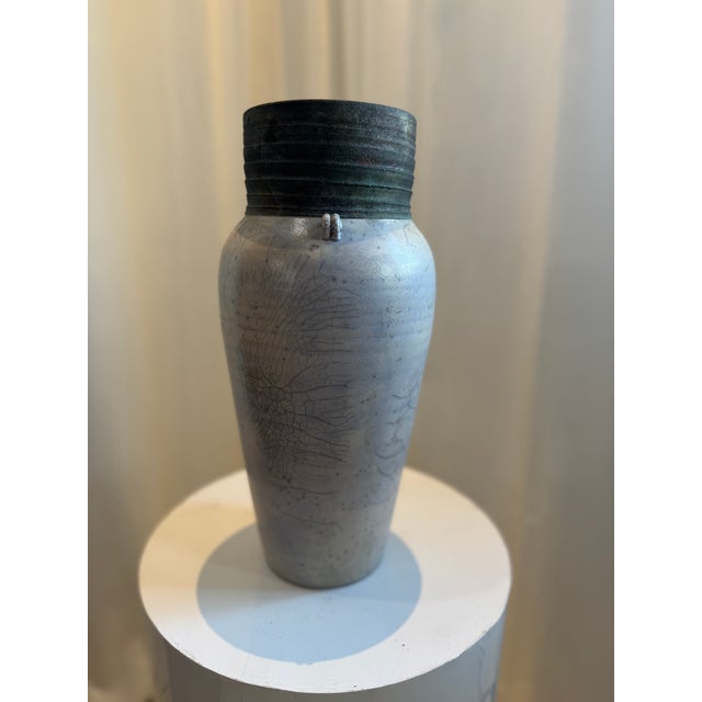 Late 20th Century Handcrafted Raku Ceramic Vase With Crackled Glaze and Drainage Hole For Sale - Image 9 of 10