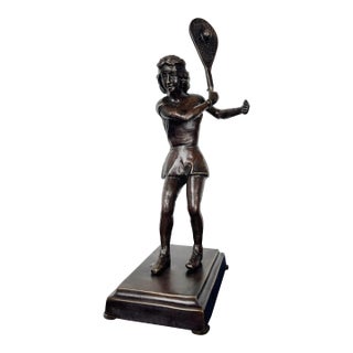 Mid 20th Century Mid Century Modern Solid Cast Brass Tennis Player Statue – Antiqued Patinated Brass Female Athlete Sculpture - Unsigned For Sale