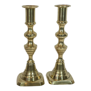 Antique English Beehive Brass Ejector Candlesticks - A Pair