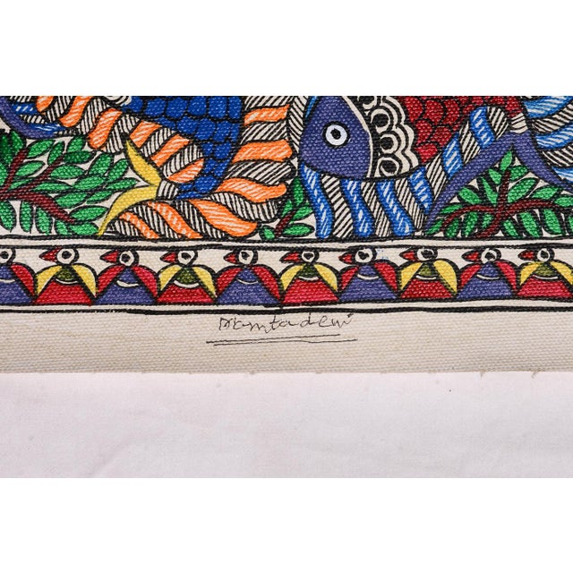 Folk Art Mamta Devi (2016 National Award Recipient) – Hand-Painted Madhubani Folk Painting, Tree of Life With Birds, Peacocks & Fish For Sale - Image 3 of 4