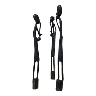 Vintage Ebony Heavy Wood African "Thinkers" Stick Figures Sculptures Lot of 3 For Sale