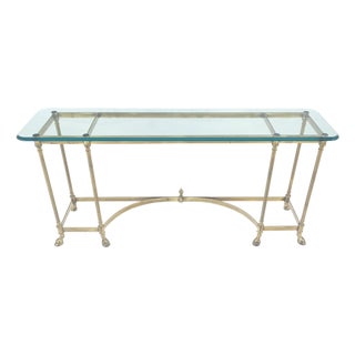 Italian Hoof Feet Brass Frame Base 3/4" Glass Top Console Hall Table For Sale