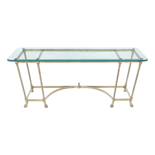 Italian Hoof Feet Brass Frame Base 3/4" Glass Top Console Hall Table For Sale