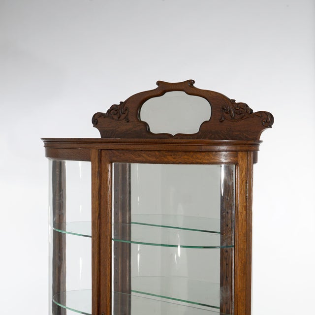 Wood Early 20th Century Antique RJ Horner School Carved Oak & Curved Glass Mirrored China Cabinet C1910 For Sale - Image 7 of 12