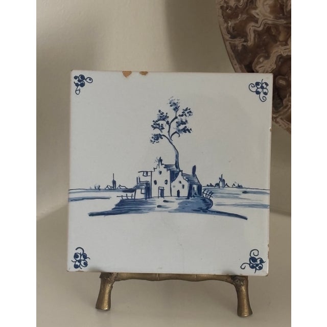 Traditional Vintage Blue and White Delftware Tile With Brass Faux Bamboo Easel Stand For Sale - Image 3 of 10