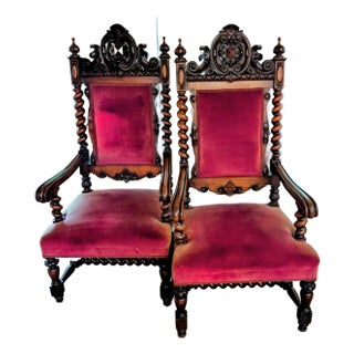 Pair of Renaissance 19th Century Carved Throne Armchairs For Sale