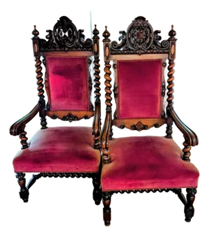 Pair of Renaissance 19th Century Carved Throne Armchairs