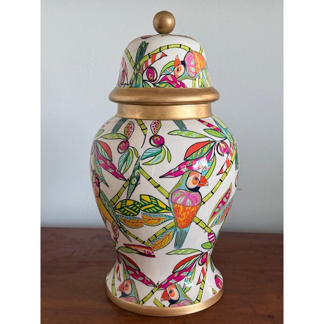 Palm Beach Style Decorative Ceramic Ginger Jar- Tropical Theme Hot Pink, Green With Gilt Accents For Sale - Image 12 of 12
