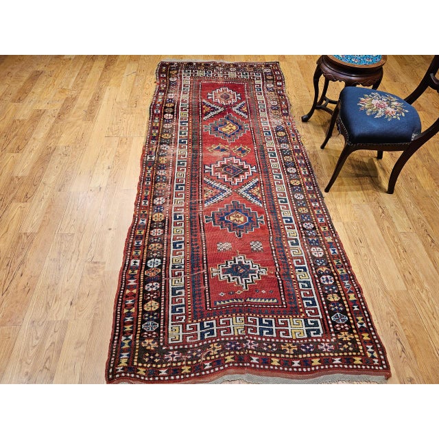 Tribal 19th Century Caucasian Kazak Rug, Hand-Knotted Wool, Geometric Medallions, 4' x 9' For Sale - Image 3 of 17