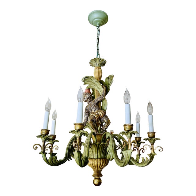 1980s Italian Hand Carved Wood Monkey Chandelier For Sale