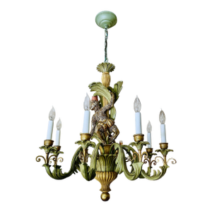 1980s Italian Hand Carved Wood Monkey Chandelier