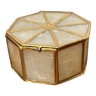 Vintage Shell Type Material Trinket Box With Brass Trim - Octagon Shape For Sale