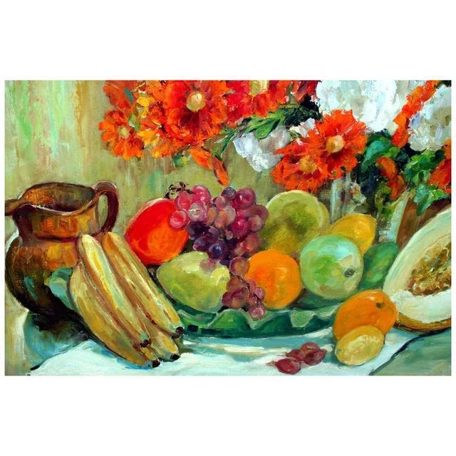 Beautiful still life of orange and white flowers next to a bowl of fruit by Los Angeles and Carmel artist Helen Enoch...