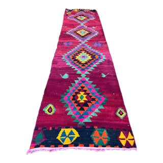 1950s Ruby Red Color Diamond Pattern Flatweave Kilim Rug For Sale