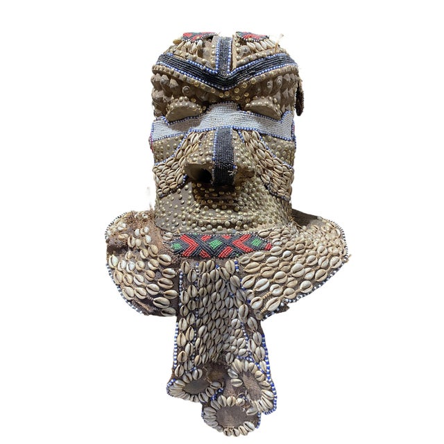 Unique Vintage Large African Tribal Beaded Kuba Royal Head Mask Congo 15" H For Sale - Image 9 of 13
