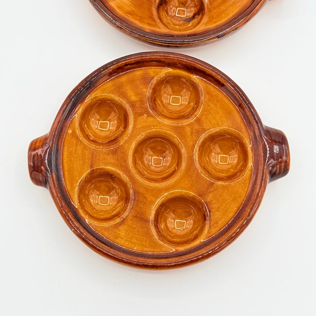 1960s St. Clément French Escargot Dishes Glazed Terracotta Majolica 7.5” - A Pair For Sale - Image 4 of 8