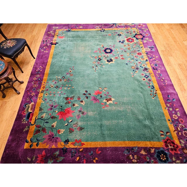 Vintage Art Deco Chinese Rug, Hand-Knotted Wool, Floral Motif, Turquoise & Purple, 9x12 For Sale - Image 10 of 18