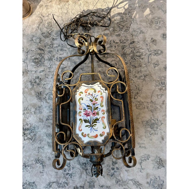 Vintage Gilded Lantern Pendant With Four Dimensional Porcelain Hand Painted Plaques For Sale - Image 9 of 10