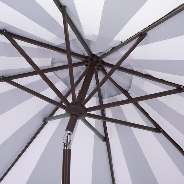 2020s Meze 9 Ft Crank Umbrella, Green Cabana Stripe/Brown Pole For Sale - Image 5 of 9