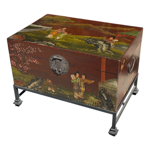 Chinoiserie Painted Chinese Trunk Chest on Stand Table For Sale