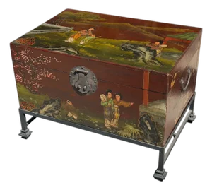 Chinoiserie Painted Chinese Trunk Chest on Stand Table