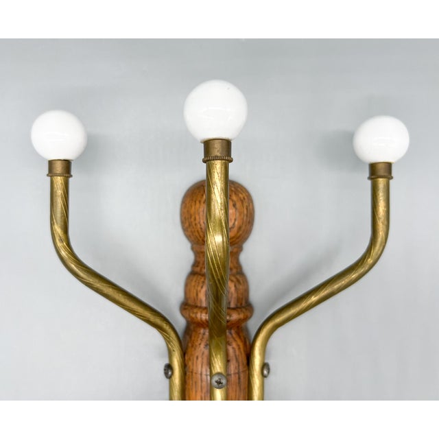 Brown Sculptural Mid-Century Wall-Mounted Coat Rack Hooks With Brass Arms & Porcelain Finials For Sale - Image 8 of 11