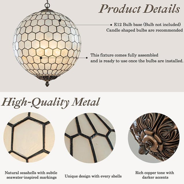 Contemporary Vintage Aloadecor 3-Light 18'' Brass French Cosatal Glam Chandelier With Natural Capiz Shell Globe Lantern Hanging Light For Sale - Image 3 of 11