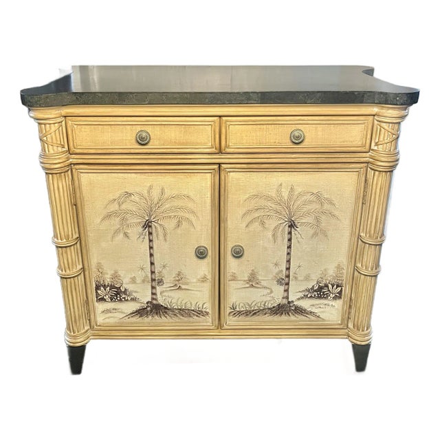 Palm Beach Hollywood Regency Faux Bamboo Cabinet – Hand-Painted Tropical Chest With Stone Top For Sale