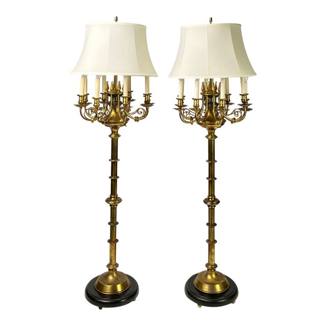 Mid 20th Century Neoclassical 10-Light Brass Candelabra Floor Lamps With Shades - a Pair For Sale