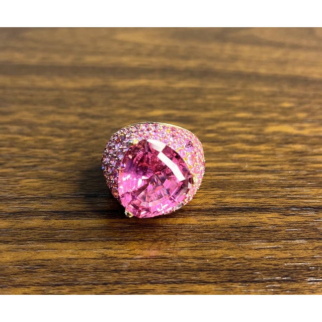 Pink Pink Tourmaline Rubellite Pink Sapphire Diamond Pave 18k Rose Gold Unique Ring, Size 7 For Sale - Image 8 of 14