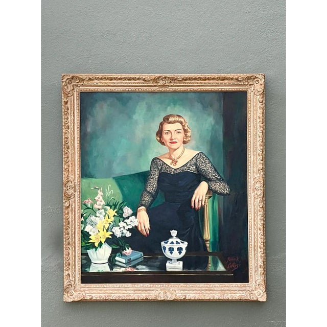 Vintage Portrait Painting on Canvas For Sale In West Palm - Image 6 of 12