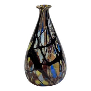 Tall Vintage Signed + Orig Label Carlo Moretti Blue Black Gold White Murano Glass Vase For Sale