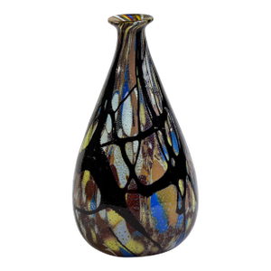 Tall Vintage Signed + Orig Label Carlo Moretti Blue Black Gold White Murano Glass Vase