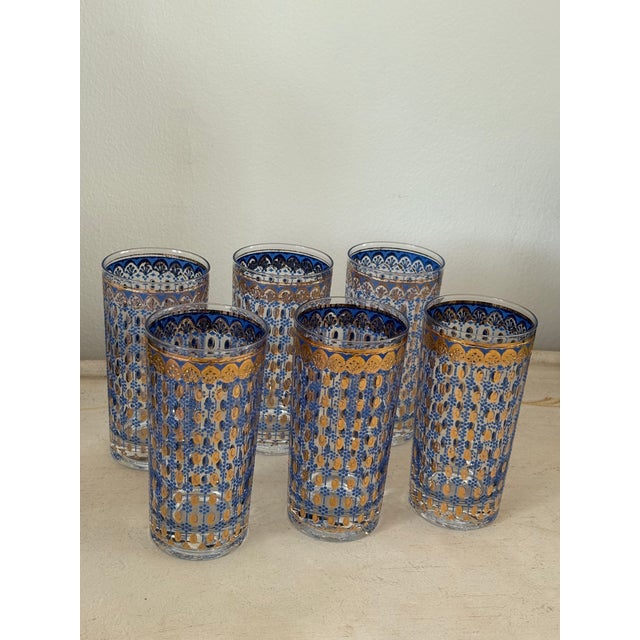 Mid-Century Modern Vintage 1970s Gold & Blue MCM Glass Tumblers - A Set of 7 For Sale - Image 3 of 10