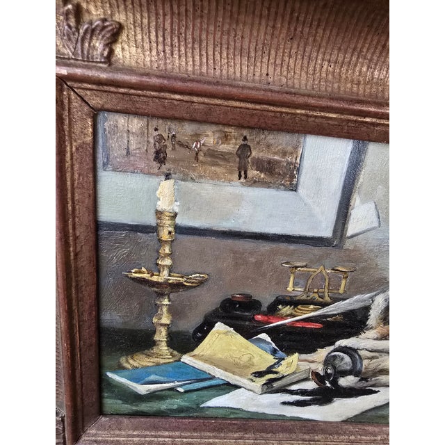 Realism Antique Signed Painting Trompe l'Oeil Mischievous Cat For Sale - Image 3 of 9