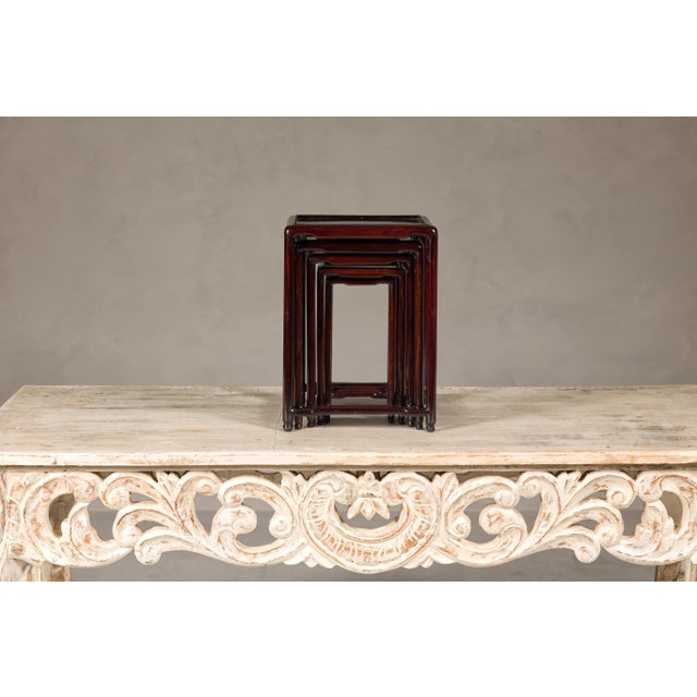 Wood Small Size Dark Rosewood Nesting Tables with Humpback Stretchers - Set of 5 For Sale - Image 7 of 12
