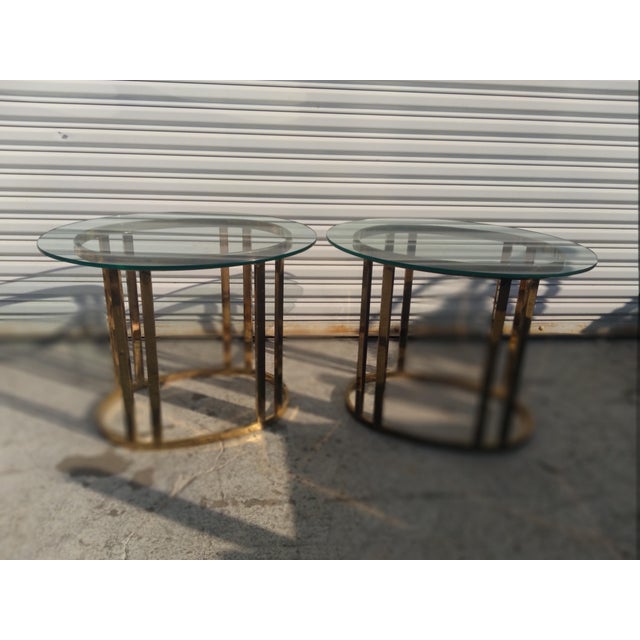 Late 20th Century Pair of Brass And Glass Oval Shaped End Tables For Sale - Image 4 of 8