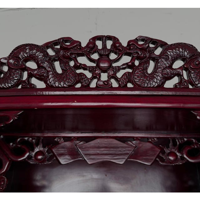 1990s Ornate Chinese Carved Burgundy Lacquer Display Cabinet For Sale - Image 4 of 6