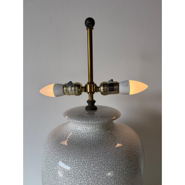 1980s Postmodern Crackle Glazed Ceramic Table Lamp With Metal Conical Shade For Sale - Image 11 of 12