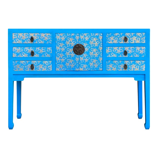 Bright Blue Lacquer Golden Flower Graphic Drawers Slim Foyer Side Table ...