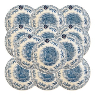 English Blue & White Transferware Turkey Thanksgiving Dinner Plates - Set of 12 For Sale