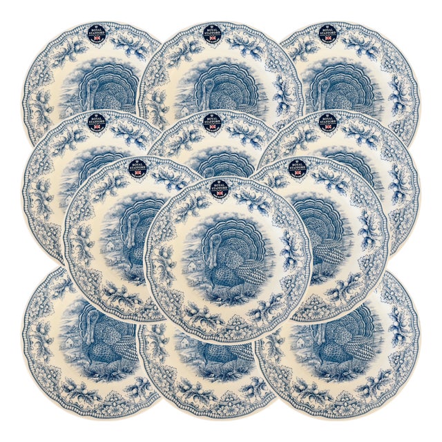 English Blue & White Transferware Turkey Thanksgiving Dinner Plates - Set of 12 For Sale