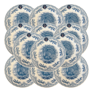 English Blue & White Transferware Turkey Thanksgiving Dinner Plates - Set of 12