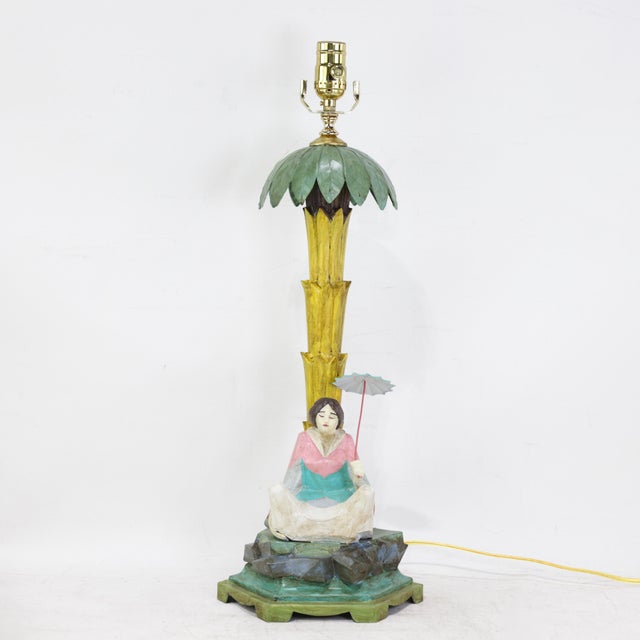 Vintage Hand-Painted Chinoiserie Tole Palm Tree and Figurine Table Lamps - a Pair For Sale - Image 9 of 13