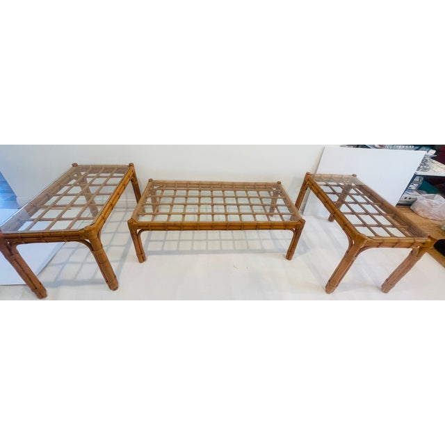 1950 original mid century modern bamboo rectangular coffee table with glass top.