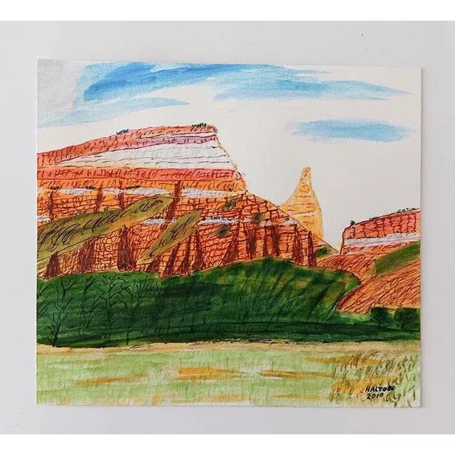 Small watercolor on paper abstract mountain bluff landscape painting. Signed Halton, dated 2010 lower right corner. Unframed.