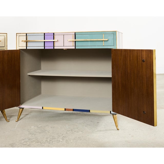 Pair Italian Midcentury Mondrian Style Glass Brass Cabinets For Sale - Image 11 of 18