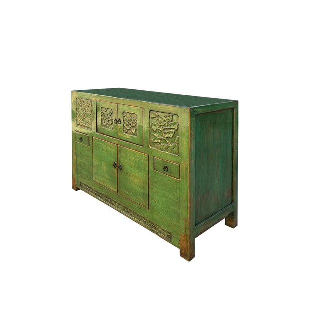 2000 - 2009 Oriental Distressed Lime Green Floral Carving Credenza Storage Cabinet For Sale - Image 5 of 5