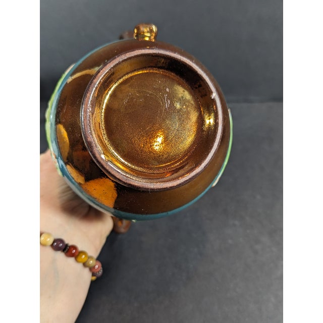 Teal 1850's English Copper Luster Ware Pitcher With Hand Painted Motif on Teal Colored Band For Sale - Image 8 of 10