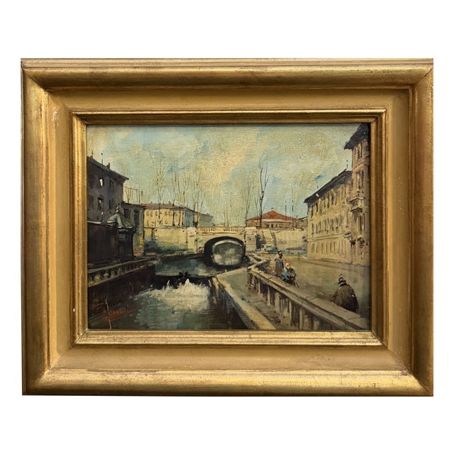 Bonaldi, Milanese Canal, The Walk Along the Naviglio, 20th Century, Oil on Panel, Framed For Sale